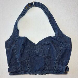 FREE PEOPLE Women’s INDIGO Blue DENIM Sleeveless Halter Crop Top SIZE XS